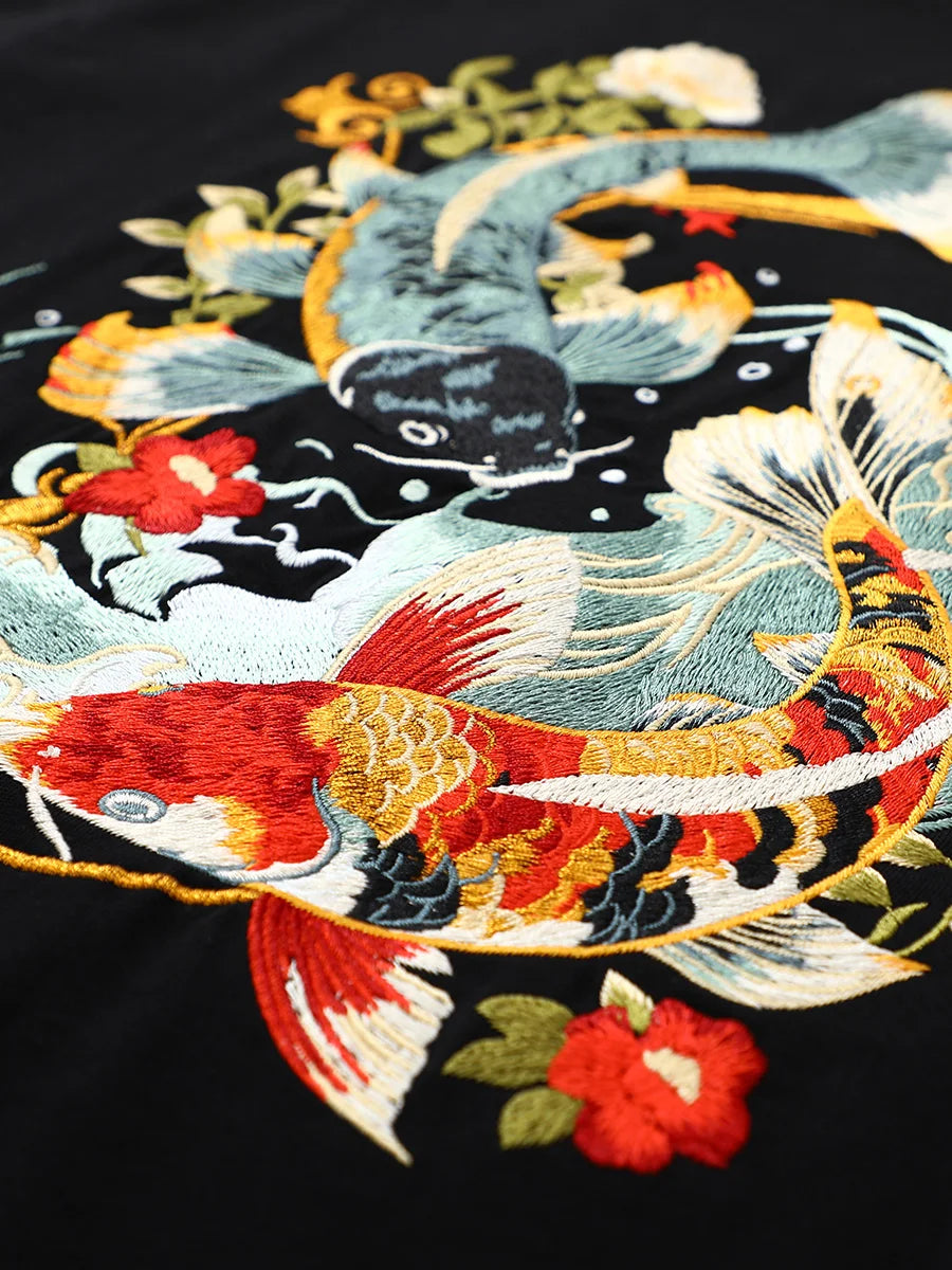 Mens Summer T Shirts Chinese Carp Embroidery T Shirt Men Vintage Graphic Tees Harajuku Cotton Casual Short Sleeve High Quality