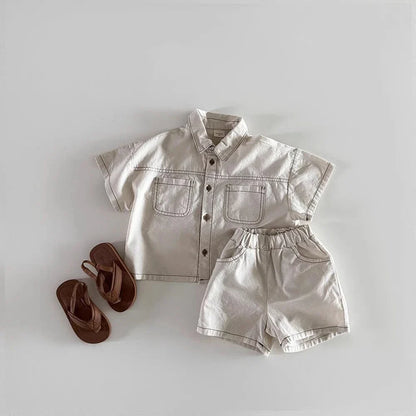 TZ2614 Korean Style Summer New Children's Clothing Set Boy Girl Soft Denim Shirt with Stitching Trendy Outfit for Kids