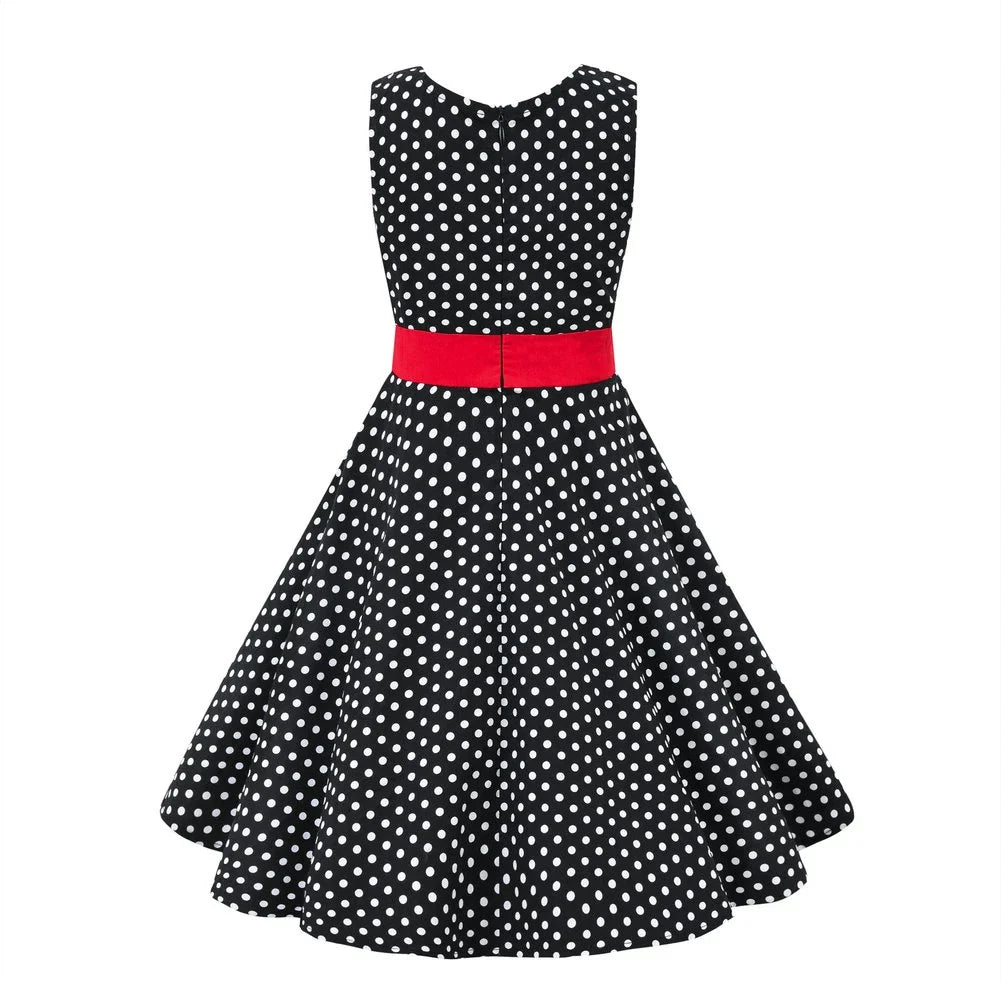 LPATTERN Girls' Vintage Rockabilly Dress Party Retro Polka Dot Floral Pattern A-line Dresses Pleated Skirt Knee-Length for 4-10Y