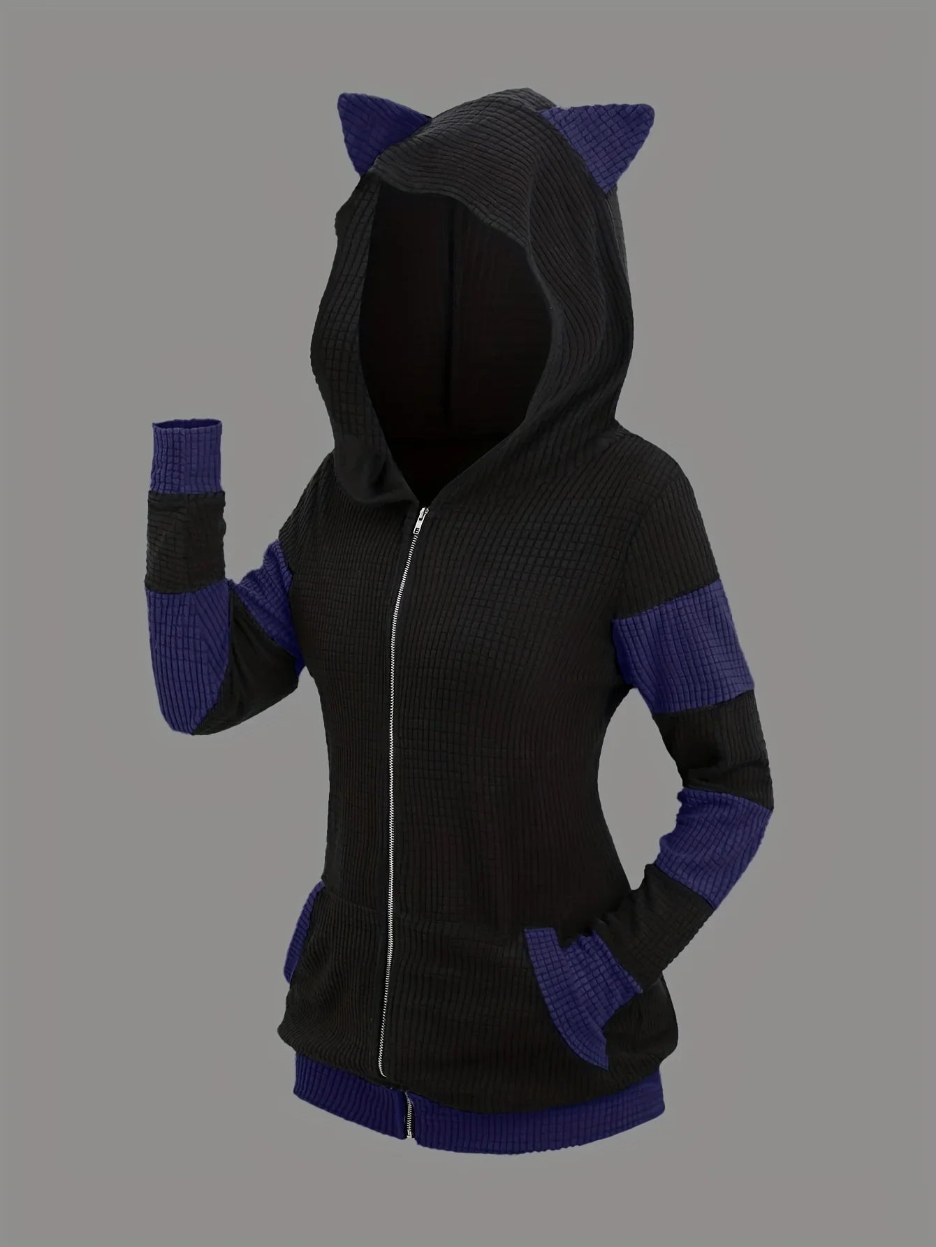 2024 European and American fashion women's new thick cat ears in autumn and winter long color matching hooded sweater coat