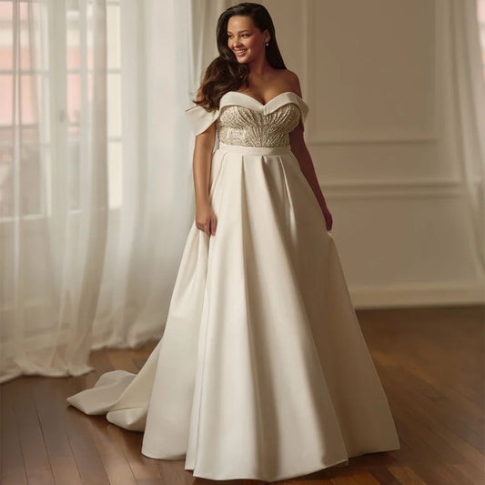 Plus Size Wedding Dress Vestido De Noiva Customized Off The Shoulder Sweetheart Beading Pearls A Line Satin Bridal Gown