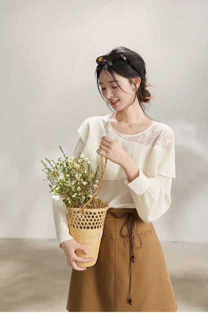 Women's Asymmetric Lace Panel Long Sleeve Blouses 2026 Spring Ruffle Layered Cew Neck Casual Loose Blouse MXF14X2545