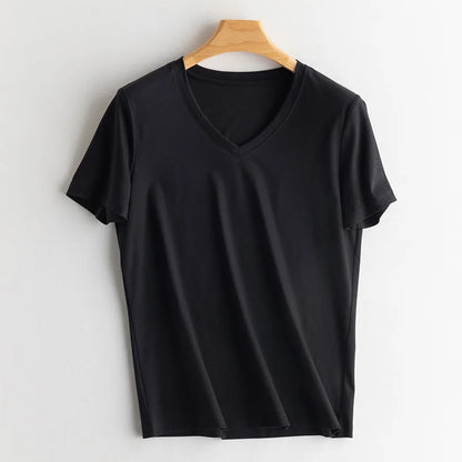 6% Real Silk Cotton Modal Women's T-shirt 2026 Summer Tees Short Sleeve Solid Tee Shirts V-neck Casual Woman Basic T shirt Tops