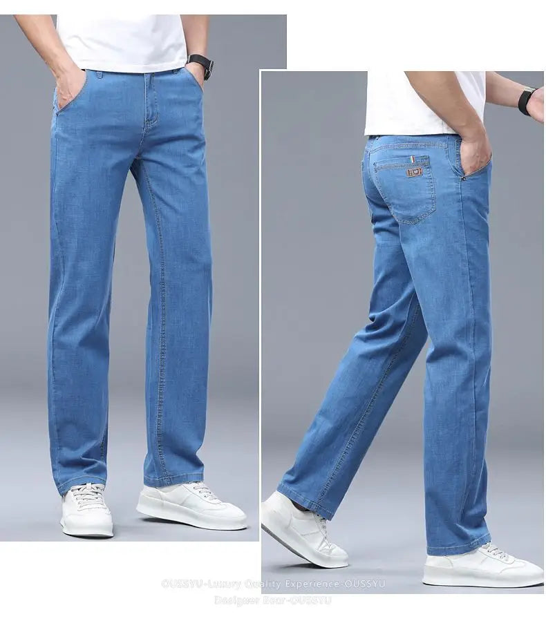 Summer Thin Men's Elastic Cotton Jeans Fashion Business Straight Casual Denim Pants Male Work Clothes Slim Trousers Plus Size 40