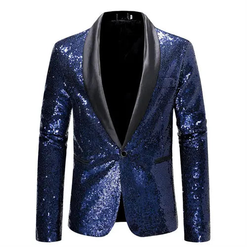 2026 Men's Suit Jacket, Shiny Sequin Stage Performance Coat, White Silver Blue Red Purple Blazers V-neck Single Button S-XXL