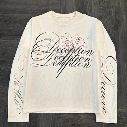 Y2K Pure Cotton Design Letters Fashion American Long Sleeve Retro High Street Hip-Hop Rock Street Men's Tops Casual Long Sleeve