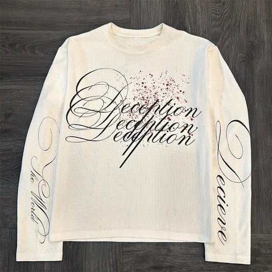 Y2K Pure Cotton Design Letters Fashion American Long Sleeve Retro High Street Hip-Hop Rock Street Men's Tops Casual Long Sleeve
