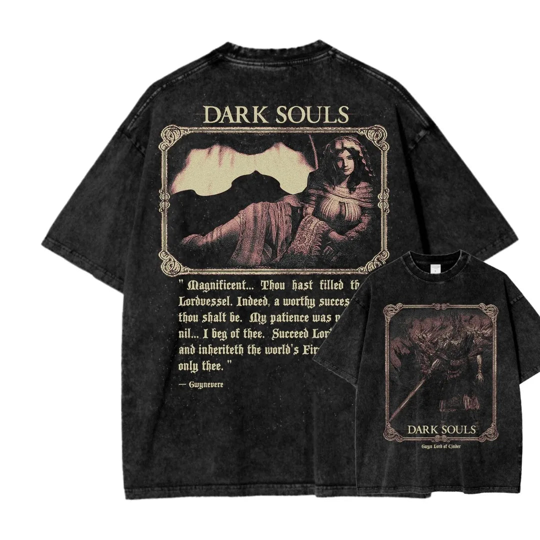 Bestselling Dark Souls Washed T-Shirt Soft Loose Unisex Couple Style Personalized Street Fashion Apparel for Anime Lovers