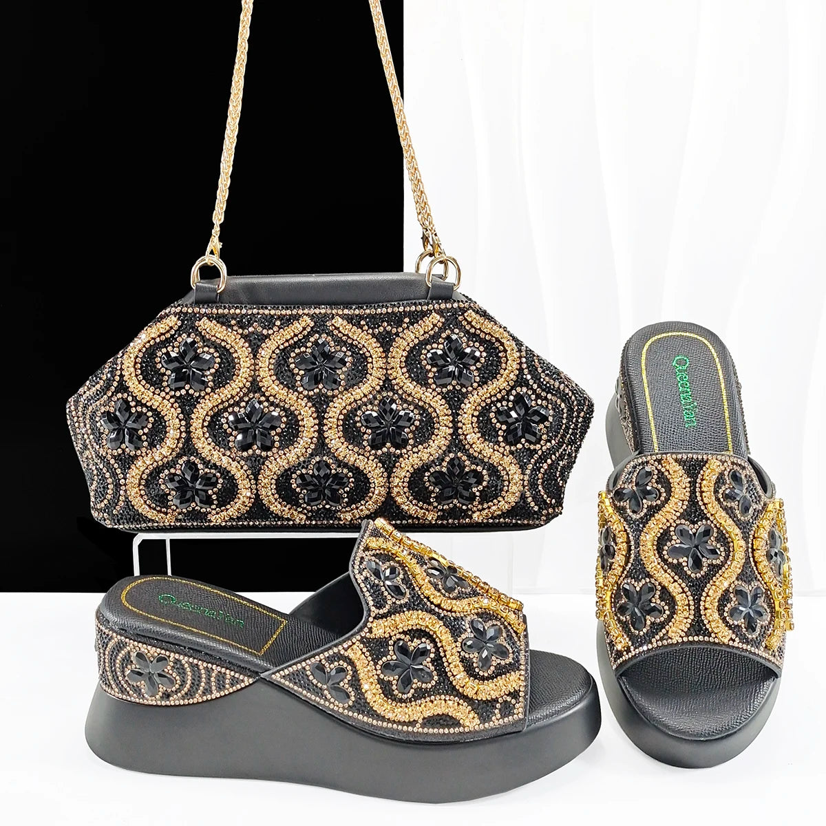 New Arrival Mature Style Platform Design Rhinestone Decoration Peep Toe Lady Shoes and Bag Set for Party Wedding