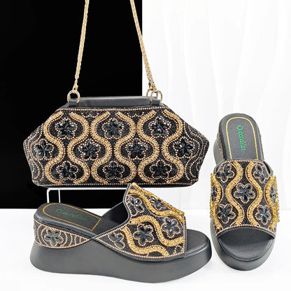 New Arrival Mature Style Platform Design Rhinestone Decoration Peep Toe Lady Shoes and Bag Set for Party Wedding