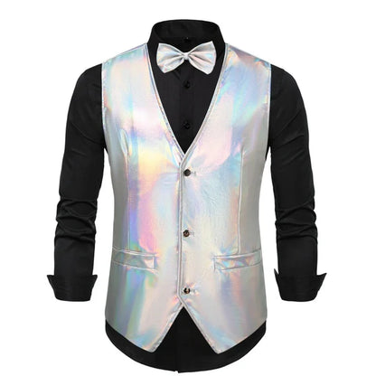 2025 New Gold, Silver, Pink, Purple Disco Glitter Vest for Men, Six Color Bright Men's Waistcoat with Bow Tie, Eur Size S-2XL
