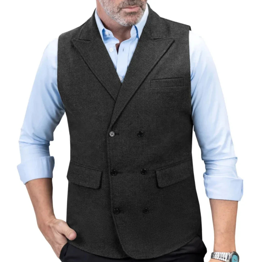 Men Vest Black Herringbone Double Button With Lapel Waistcoat For Wedding Birthday Banquet Office Business Work Men Suit Vest