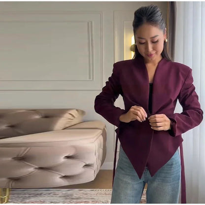 Chic Pleated Waist Cinched Women's Jacket V Neck Single Breasted Lace Up Blazer Coat Lady 2026 Casual Slim Commute Outerwear