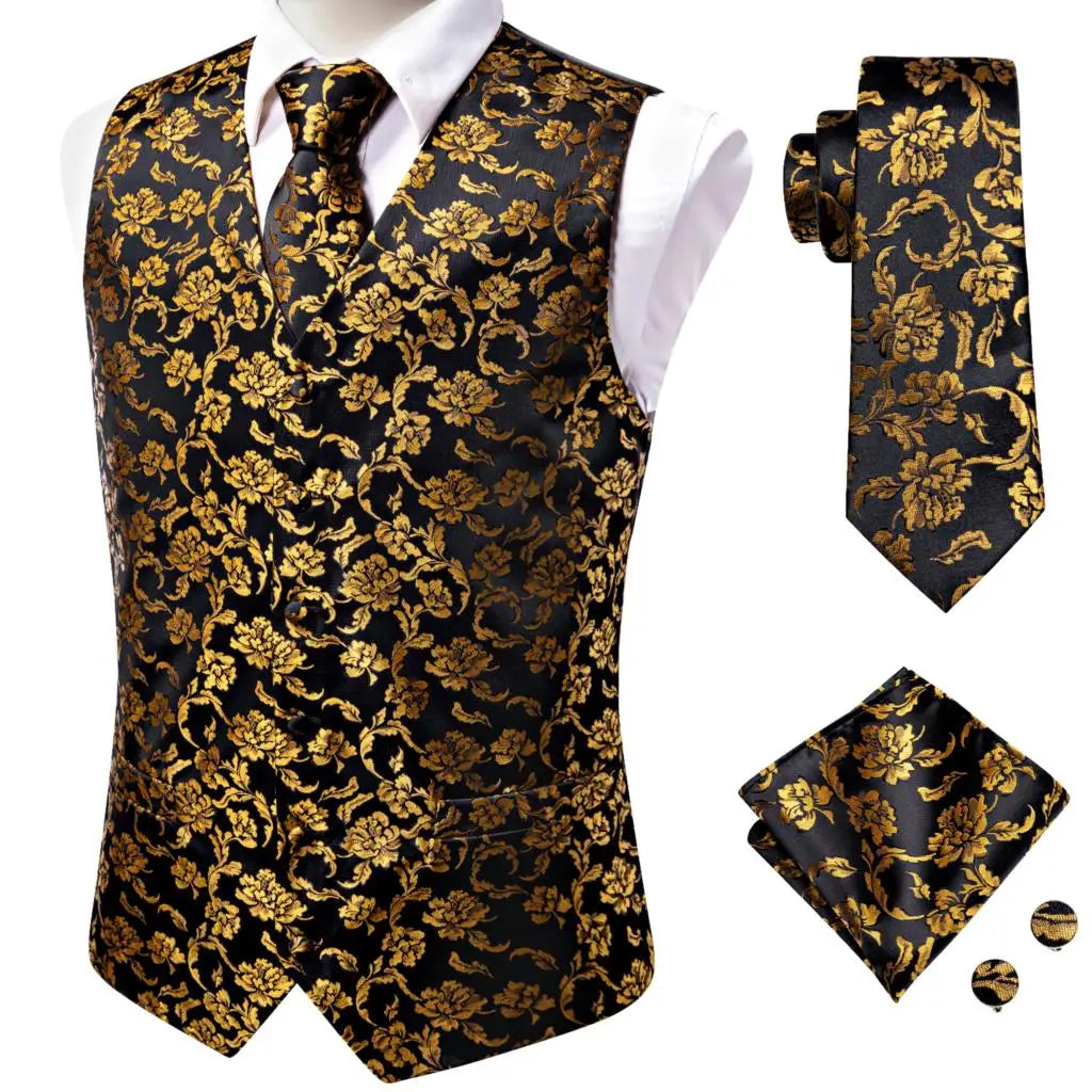Navy Blue Mens Silk Vests Business Paisley V-Necl Waistcoat Tie Hanky Cufflinks Brooch Set for Men Suit Wedding Formal Hi-Tie