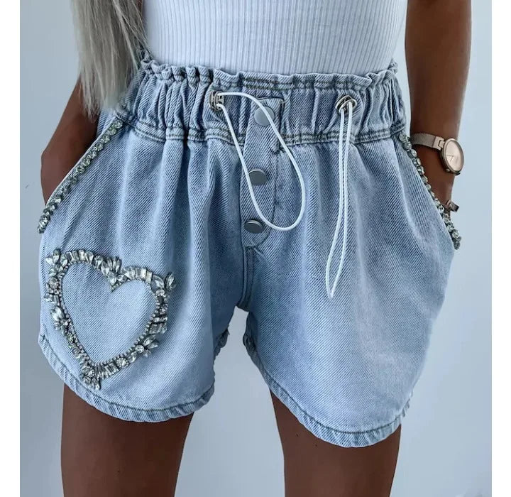 Denim Shorts for Women Streetwear Fashionable and Casual Rhinestone Versatile Y2k Cowboy Half Pants for Female Summer 2024 New