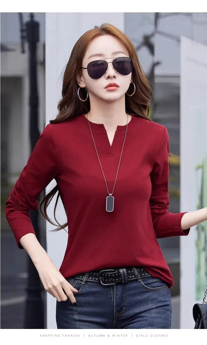 Spring and Autumn All Seasons Women's Long sleeved T-shirt Wine Red Pure Cotton New Fashion Large V-neck Slim fit Casual Top 3XL