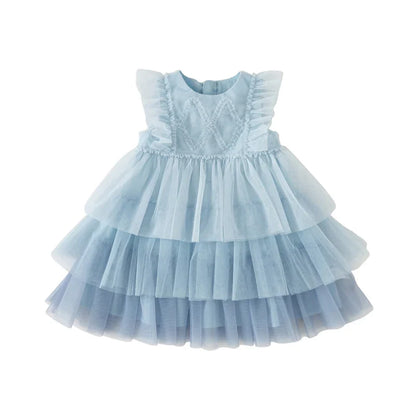Girl's Princess Dress 2025 New Summer Children's Baby Sleeveless Blue Mesh Layered Dress Cute Sweet Party DB2240502