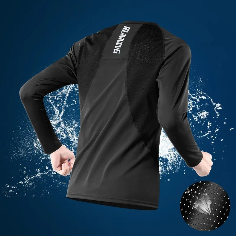 Ice Silk Long Sleeve T-Shirt Men Quick Dry Sun Protection Summer Thin Stretch Sports Top Breathable Mesh