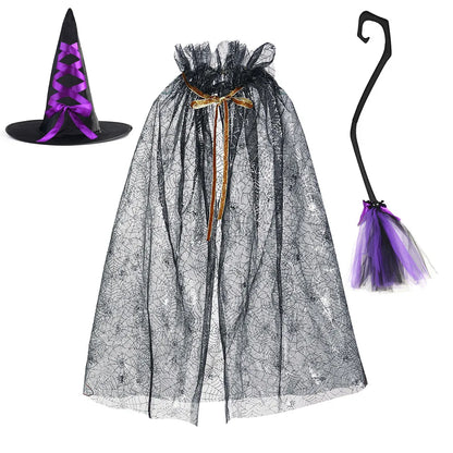 Halloween Witch Cloak Set Spider Web Sheer Mesh Cape Hat and Broom Set for Kids Boys Girls Appliques Feathers Animal