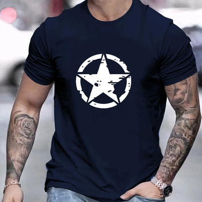 Summer Men's 100% Cotton Comfortable Casual Loose Oversized Star Logo Graphic Printed Sports Round Neck Short Sleeved T-shirt