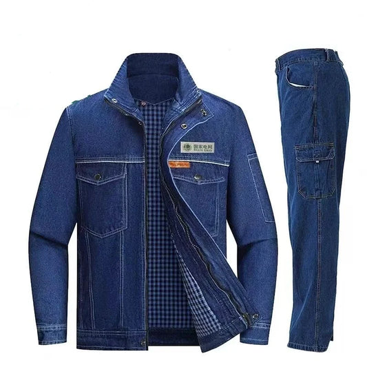 Men's Street Hip Hop Men's Loose Jeans Motorcycle Jacket Two Piece Set Harajuku Pattern Embroidered Jacket Jeans Set