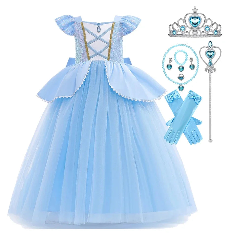Summer Kids Cinderalla Princess Cosplay Costume Clothes Girls Sequins Dress with Crown Gloves Birthday Party Ball Gown 2-10 Y