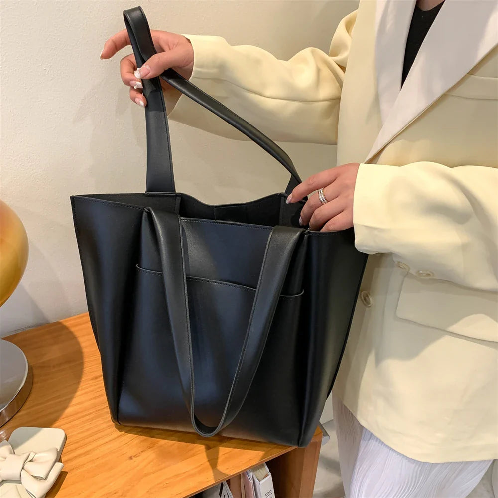 High Quality Soft Leather Woman Casual Tote Shopper Solid Color Handbags Large Capacity Single Shoulder Bag with Outer Pocket