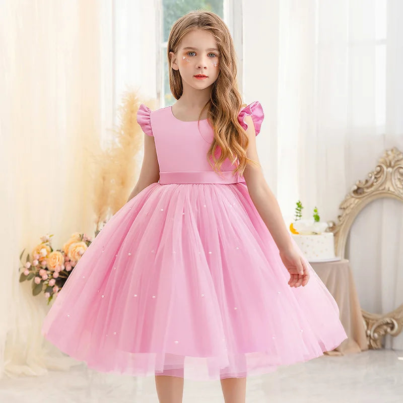 Flower Girl Dresses Birthday Tulle Dress Backless Bow Wedding Gown Kids Party Wear Princess Pink Baby Bowknot Toddler