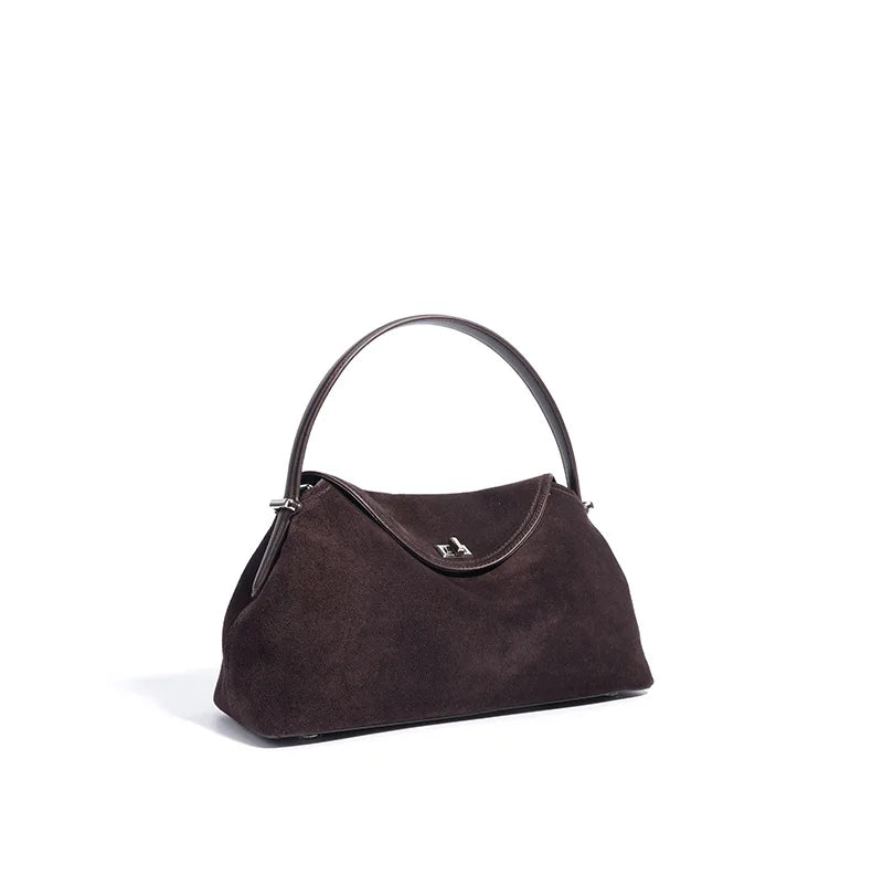 2026 Autumn Winter All-match Bowling Tote All-match Matte Suede Cowhide Leather Women Shoulder Bag Coffee Purple Noble Handbag