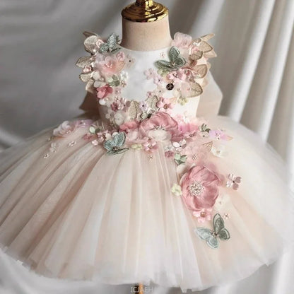 Custom Pink Floral Butterfly Tulle Flower Girl Dress First Christmas Dress Wedding Party Gown for Girls فساتين اطفال