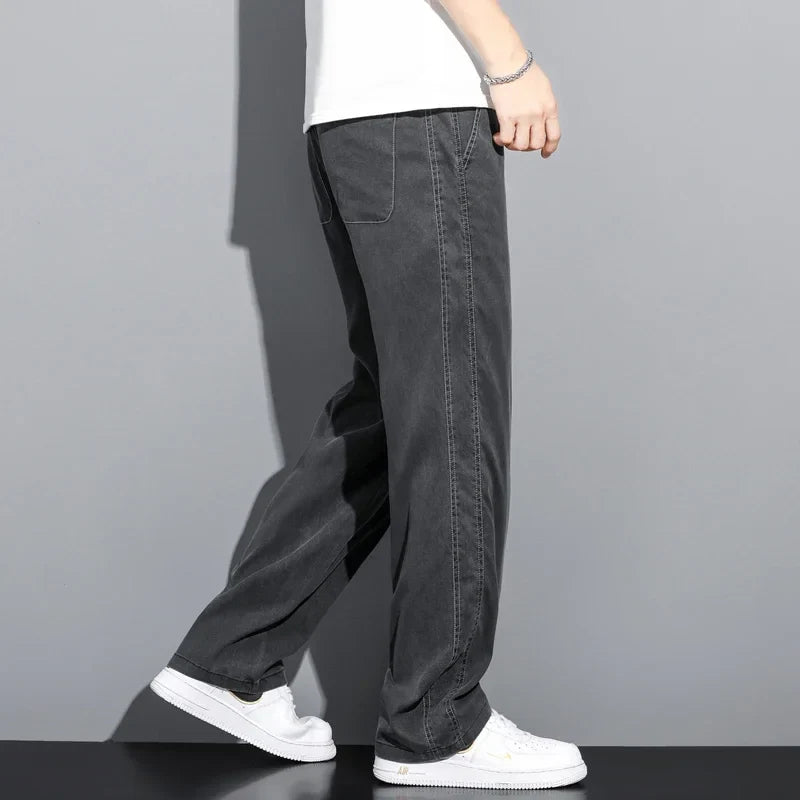 Summer Soft Lyocell Fabric Thin Loose Straight Pants Drawstring Elastic Waist Korea Casual Trousers Men's Jeans Plus Size M-5XL