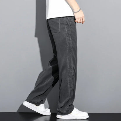 Summer Soft Lyocell Fabric Thin Loose Straight Pants Drawstring Elastic Waist Korea Casual Trousers Men's Jeans Plus Size M-5XL