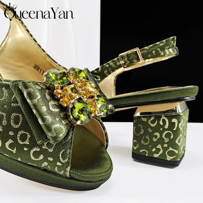 Queena Yan  2025 Shiny Italian Fashion Pointed Toe Women Heel Fashion Rhinestone Decoration Pink Color Shoes And Bag Set