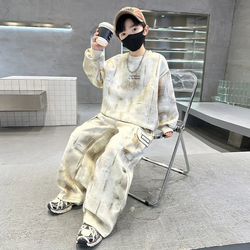 Boys Loose Tie Dye Printed Workout Sweatshirt+Sweatpant Streetwear Set School Kids 2PCS Tracksuit Children Jogger Outfit 5-16 Yr