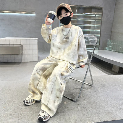 Boys Loose Tie Dye Printed Workout Sweatshirt+Sweatpant Streetwear Set School Kids 2PCS Tracksuit Children Jogger Outfit 5-16 Yr