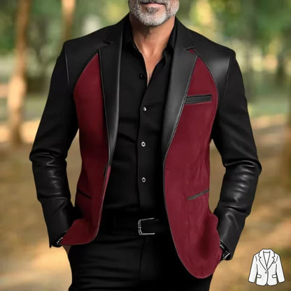 Retro Men's Faux Suede Jacket with PU Leather Collar & Shoulder 2 Buttons Two-Tone Blazer Contrast Trim Coat