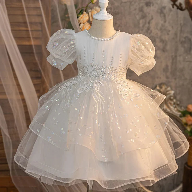 Summer New Girls' Bow Bead Embroidered Fluffy Skirt Baby Girl's Birthday Mesh Dress