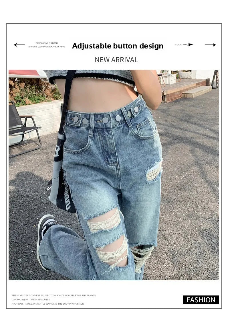 Trendy Ripped Straight Leg Jeans Women's Spring Summer High Waist Loose Wide Leg Pants Slimming Design Casual Denim Jeans