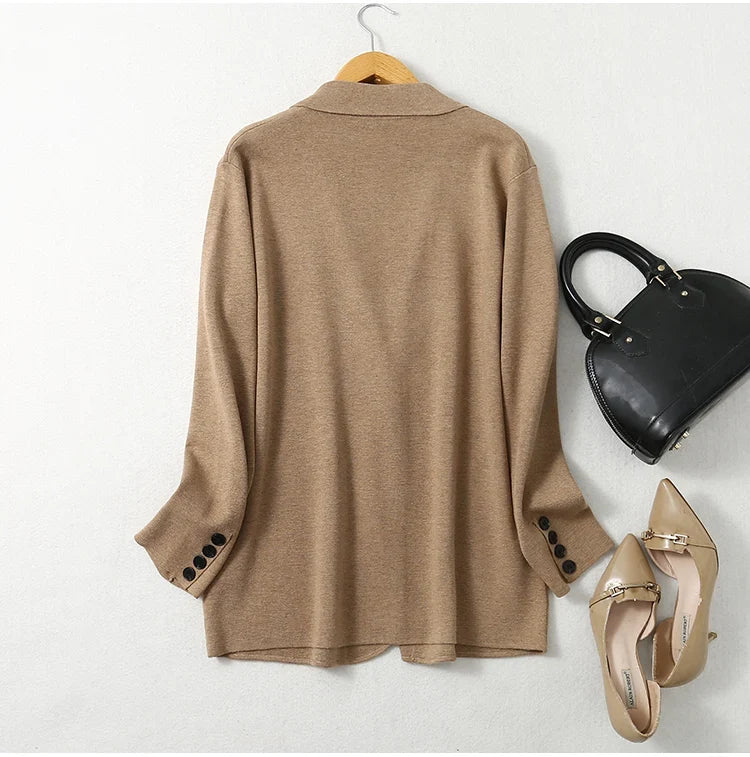 Women Blazer Cashmere Silk Blends Solid Colors Camel Long Sleeve Buttons Down Fashion Jacket Coat  Winter Warm XL XXL LY051