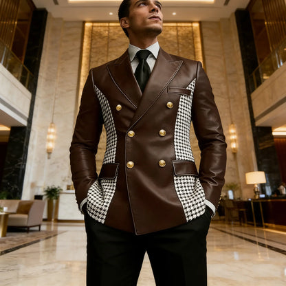 Men’s Brown Leather Blazer With Houndstooth Sides Vintage Two-Tone Double Breasted Slim Fit Gold Buttons Leather Tuxedo Jacket
