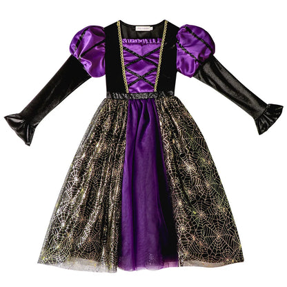 2025 Halloween Easter Festive Party Girl Cosplay Classic Witch Purple Print Long Sleeve Dress Evil Horror Set Baby Birthday Gift