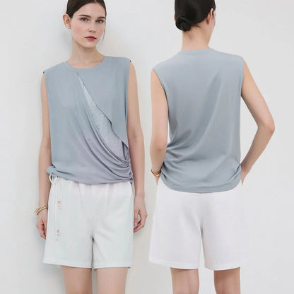 Women's Camisole 2026 Summer New Round Neck Stretch Jacquard Patchwork Tank Top Casual Sleeveless Vest For Women 12652011