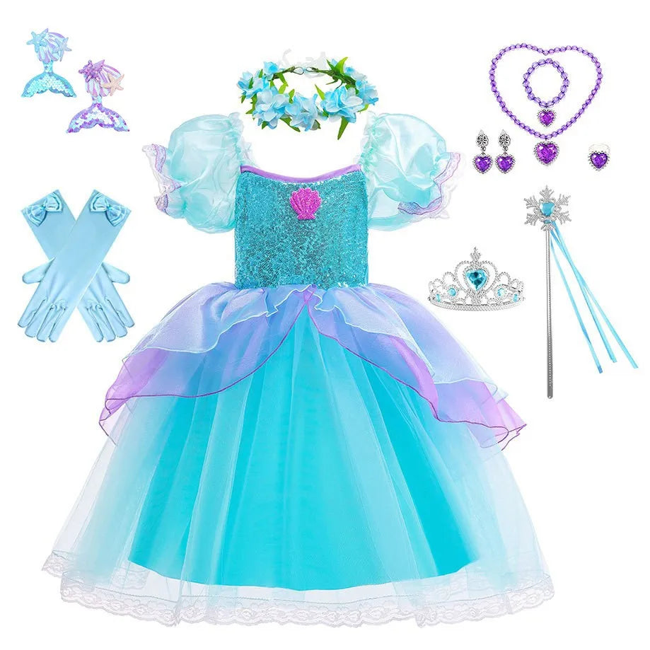 Summer Girl Mermaid Dress For Children Birthday Party Princess Cosplay Costume Ariel Halloween Fantasy Dress Summer Elegant Gown
