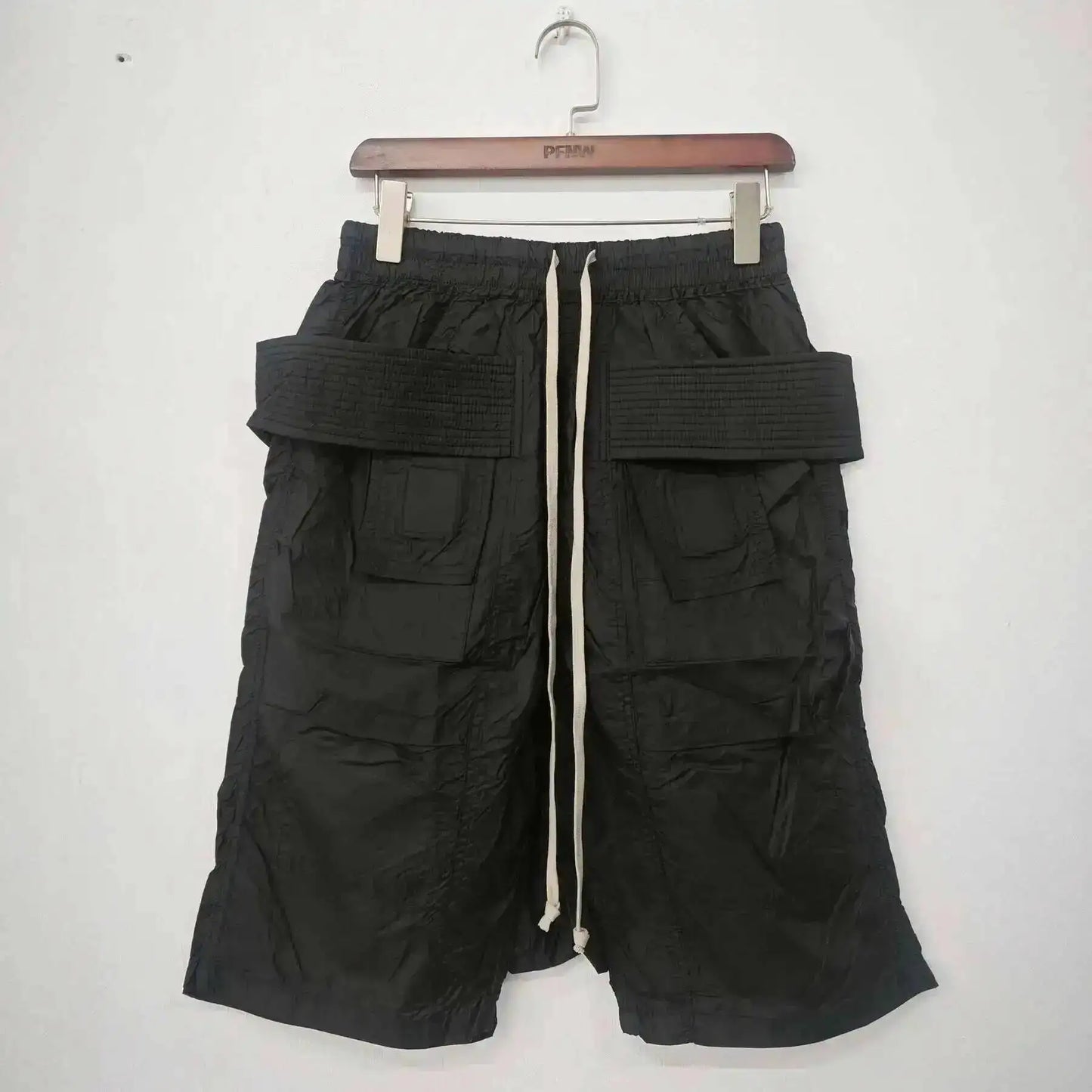 Dark Style Double Ring Fharem Knee Legnth Pants Summer High Street Fashion Drawstring Loose Fit Black Men 's Shorts 12C1243