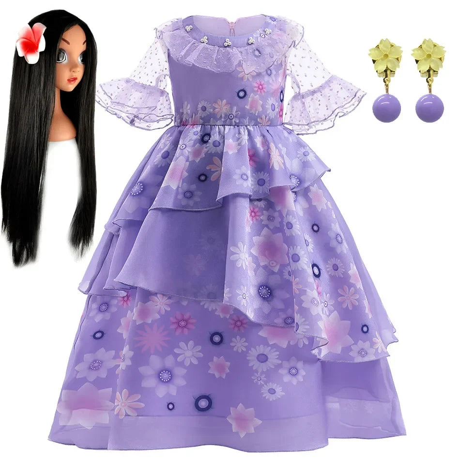 Kids Isabela Dress Children Summer Floral Swing Flared Costume Girl Encanto Cosplay Outfit Madrigal Halloween Clothes 3-12Y