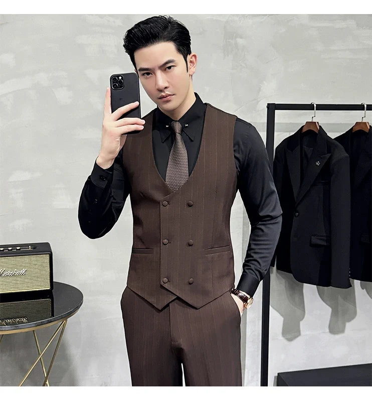 British Style Double-breasted Striped Vest With Pants Men Business Slim Fit Suit Vest 2 pieces Formal Groom Wedding Dress Vest