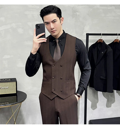 British Style Double-breasted Striped Vest With Pants Men Business Slim Fit Suit Vest 2 pieces Formal Groom Wedding Dress Vest