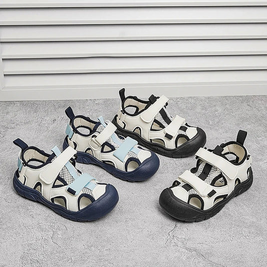 Kids'Casual Shoes Sandals PU Leather Summer Shoes For Boys Hook and Loop Color-Blocking Anti-slip Blue Black Shoes Size 26-37