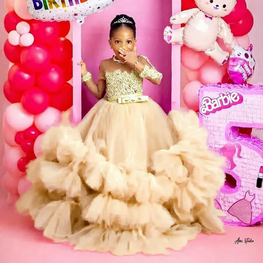 Fuchsia Princess Girls Birthday Party Dress Tiered Ruffles Long Sleeve Flower Girl Dresses for Wedding Kids Prom Gown Customized