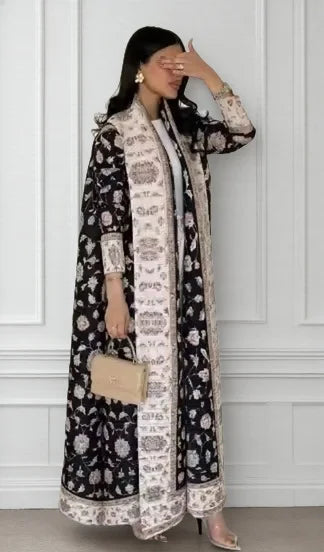 Women's Fold Miyake Pleated Abaya Long Sleeve Print Foldable Collar Robe Cardigan Coat New Winter Fashion Original Design 2026